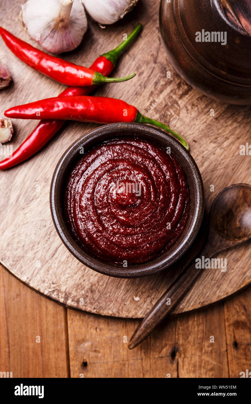 Concept of Korean traditional sauces, soy sauce, soybean paste and red