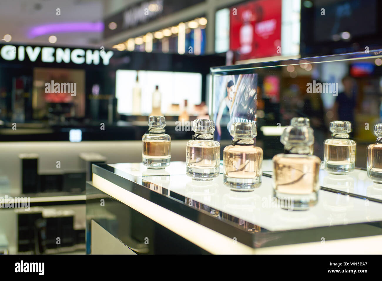 DUBAI, UAE - CIRCA FEBRUARY, 2019: perfumes on display in Duty Free at ...