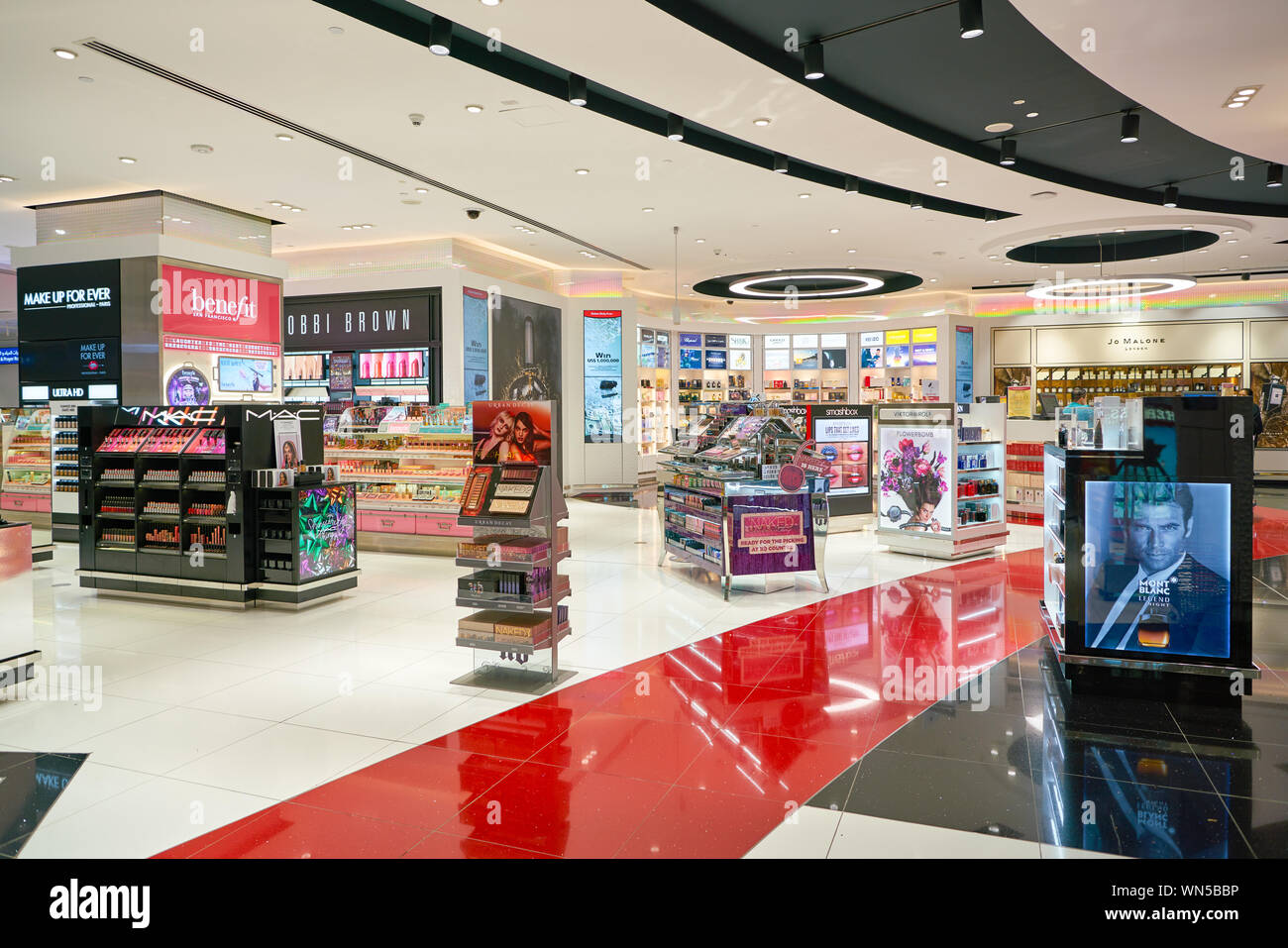 DUBAI, UAE CIRCA JANUARY, 2019 makeup products on display at Dubai International Airport