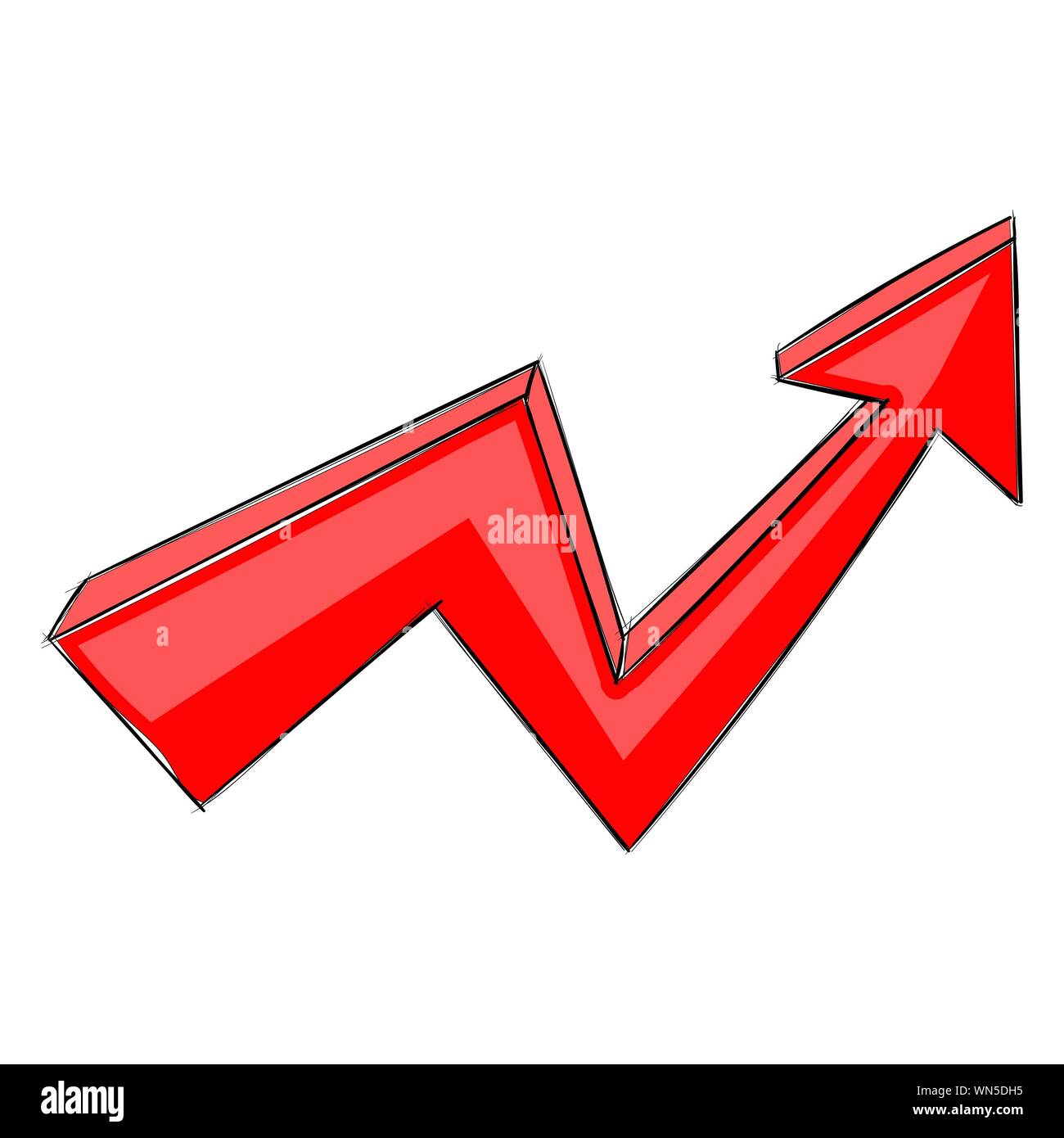 Red UP arrow. Financial rising trend graph. Hand drawn sign. Vector