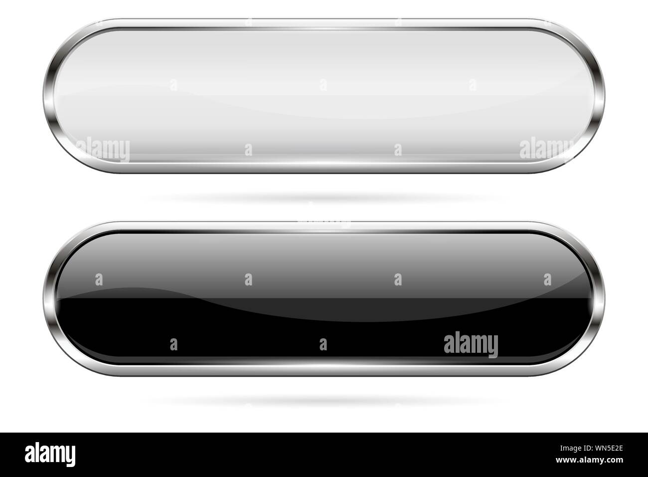 Oval glass buttons. Black and white icons with metal frame. Vector 3d ...