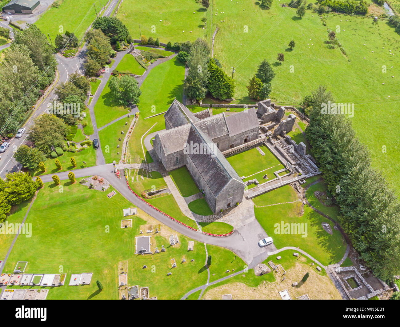 An aerial view of Ballintubber Abbey, near Ballintubber in County Mayo