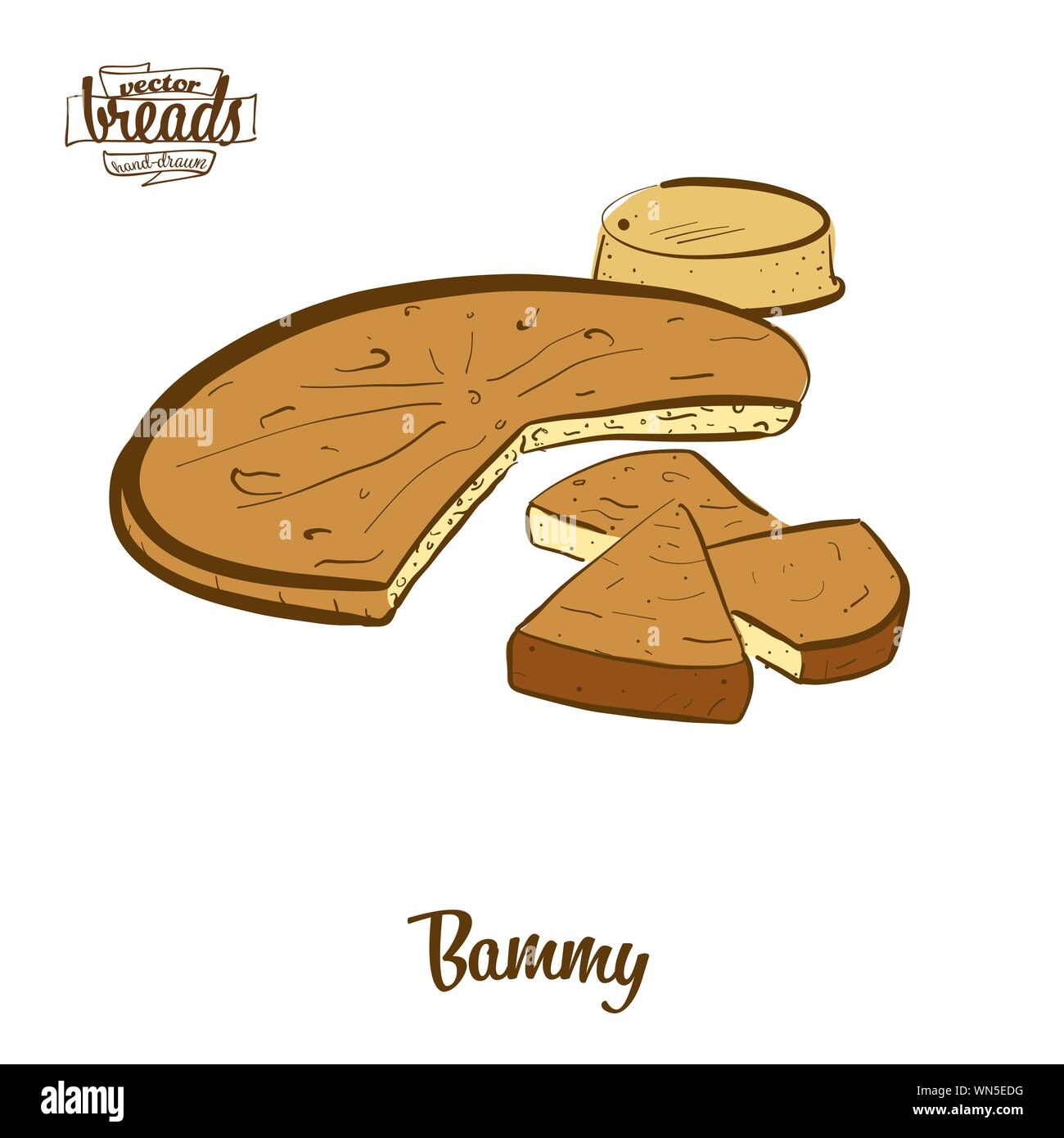 Colored drawing of Bammy bread. Vector illustration of Flatbread food, usually known in Jamaica. Colored Bread sketches. Stock Vector