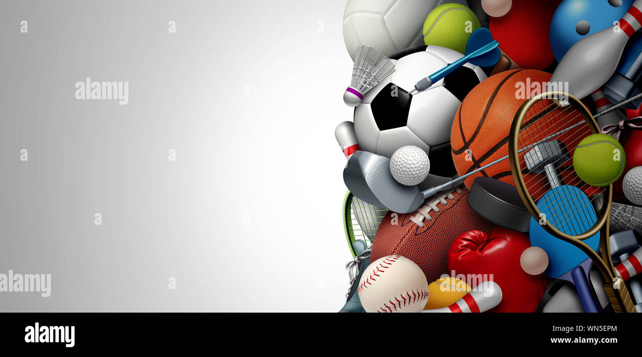 Sports equipment background with a football basketball baseball soccer tennis and golf ball including ping pong tennis hockey puck as healthy. Stock Photo