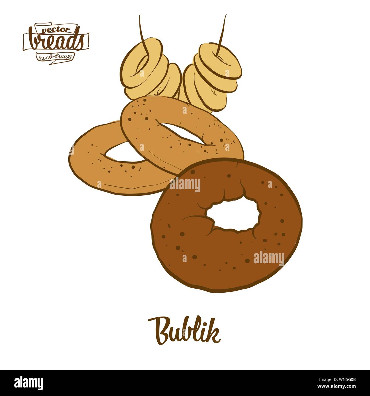 Colored drawing of Bublik bread. Vector illustration of Wheat bread food, usually known in Poland. Colored Bread sketches. Stock Vector