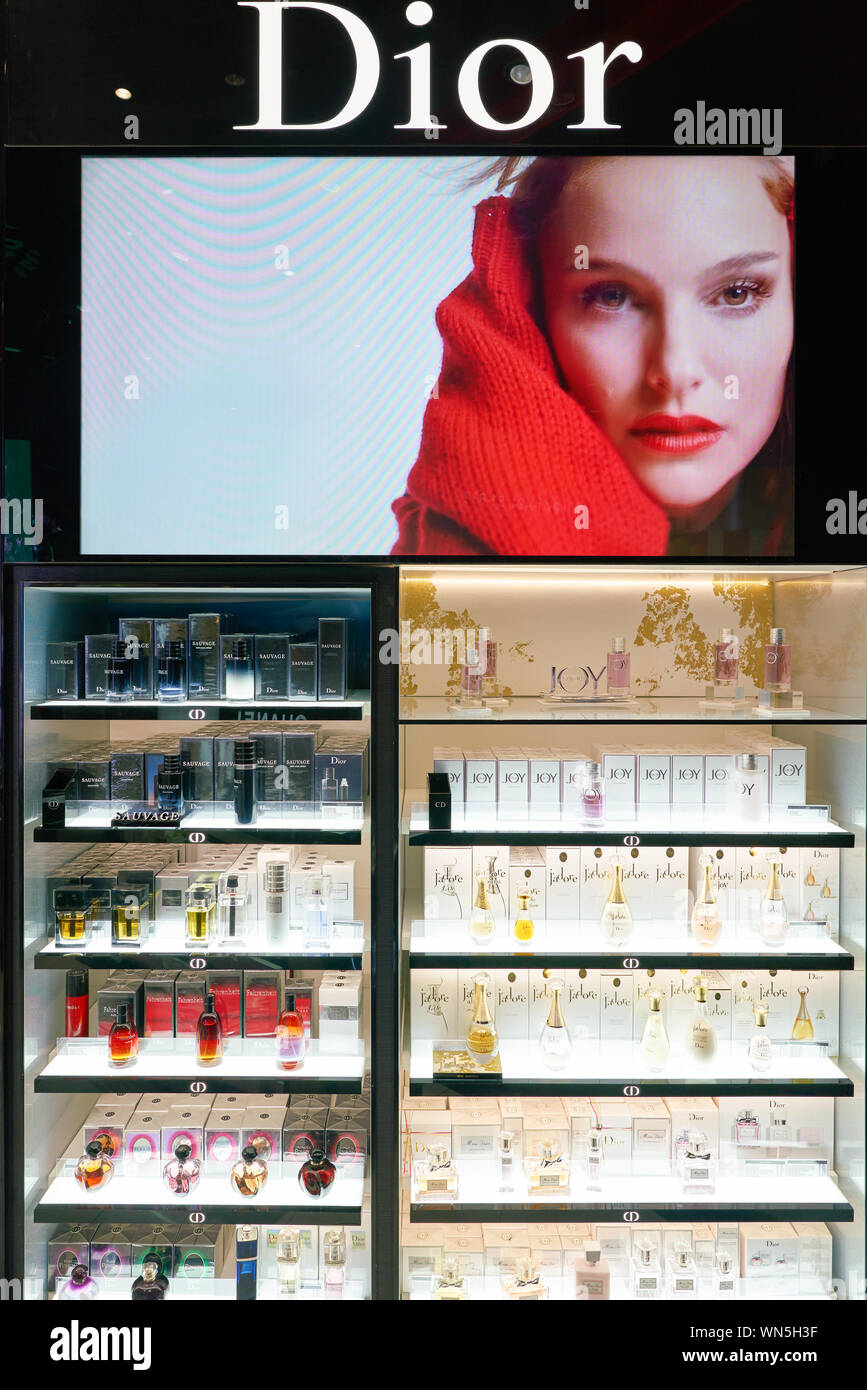 DUBAI, UAE CIRCA JANUARY, 2019 perfumes on display in Duty Free at