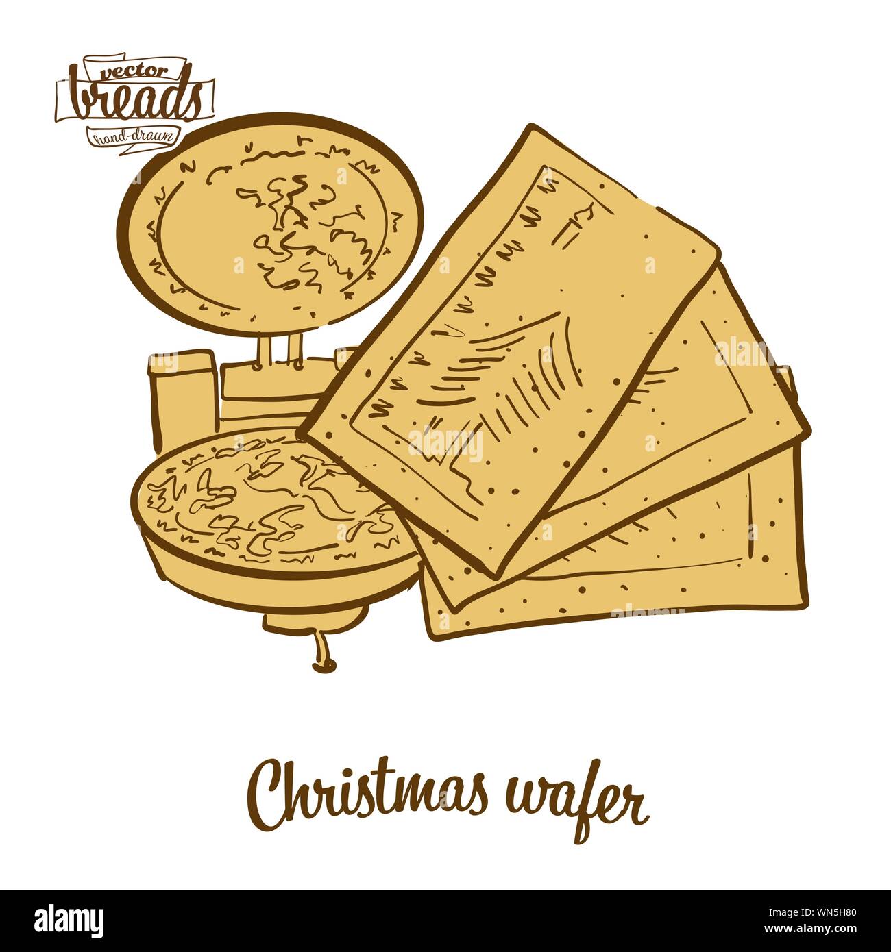 Colored drawing of Christmas wafer bread. Vector illustration of Crispy bread food, usually known in Eastern Europe. Colored Bread sketches. Stock Vector