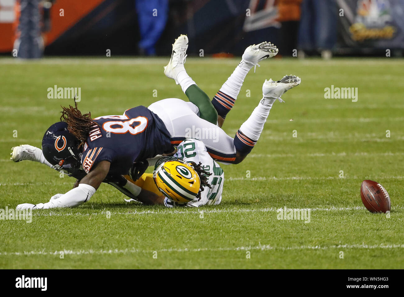 Chicago, United States. 05th Sep, 2019. Green Bay Packers cornerback Kevin King (20) is tackled by Chicago Bears wide receiver Cordarrelle Patterson (84) during the first half of an NFL game at Soldier Field in Chicago on Thursday, September 5, 2019. Photo by Kamil Krzaczynski/UPI Credit: UPI/Alamy Live News Stock Photo