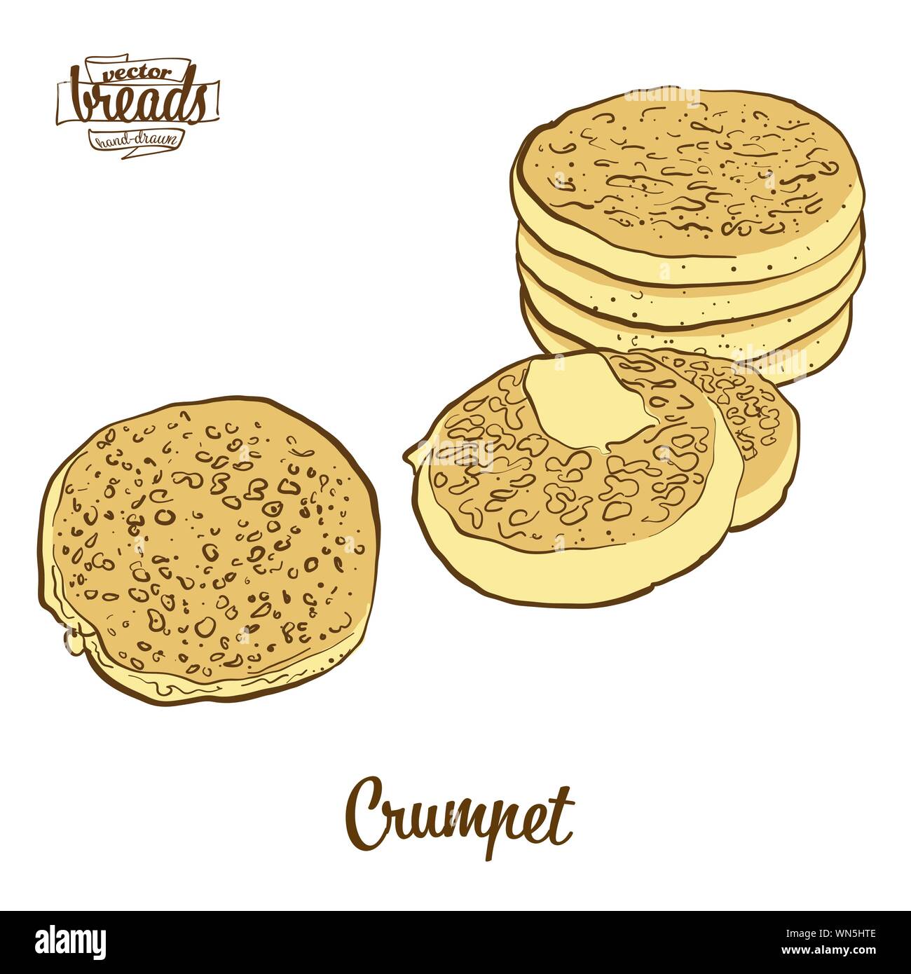 Colored drawing of Crumpet bread. Vector illustration of Flatbread food, usually known in United Kingdom. Colored Bread sketches. Stock Vector