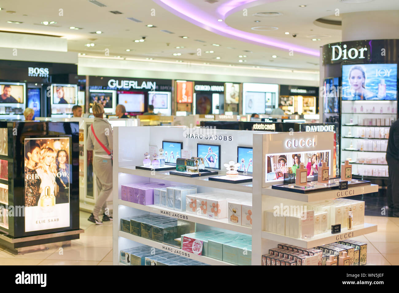DUBAI, UAE - CIRCA FEBRUARY, 2019: perfumes on display in Duty Free at ...