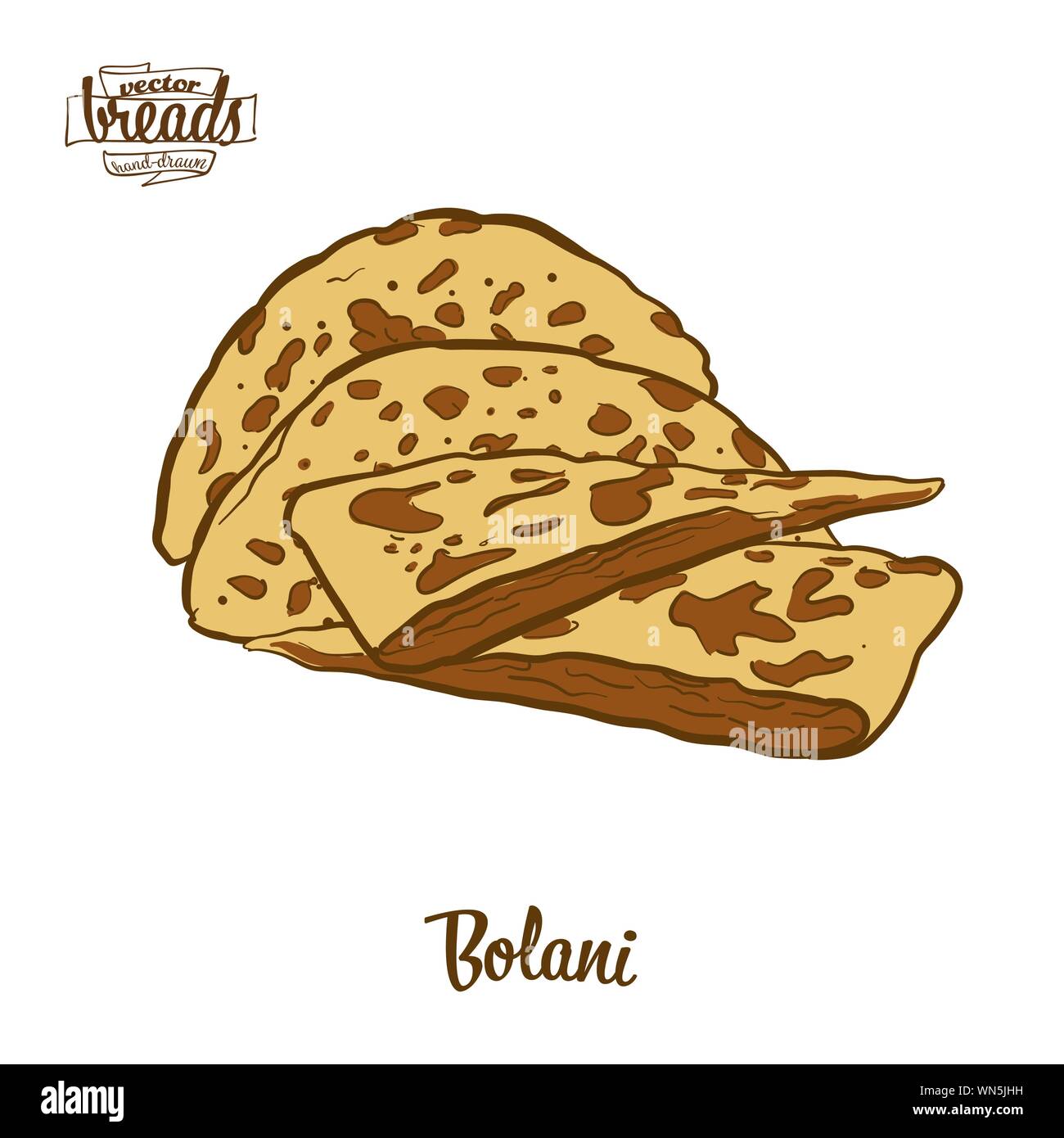Colored drawing of Bolani bread. Vector illustration of Flatbread food, usually known in Afghanistan. Colored Bread sketches. Stock Vector