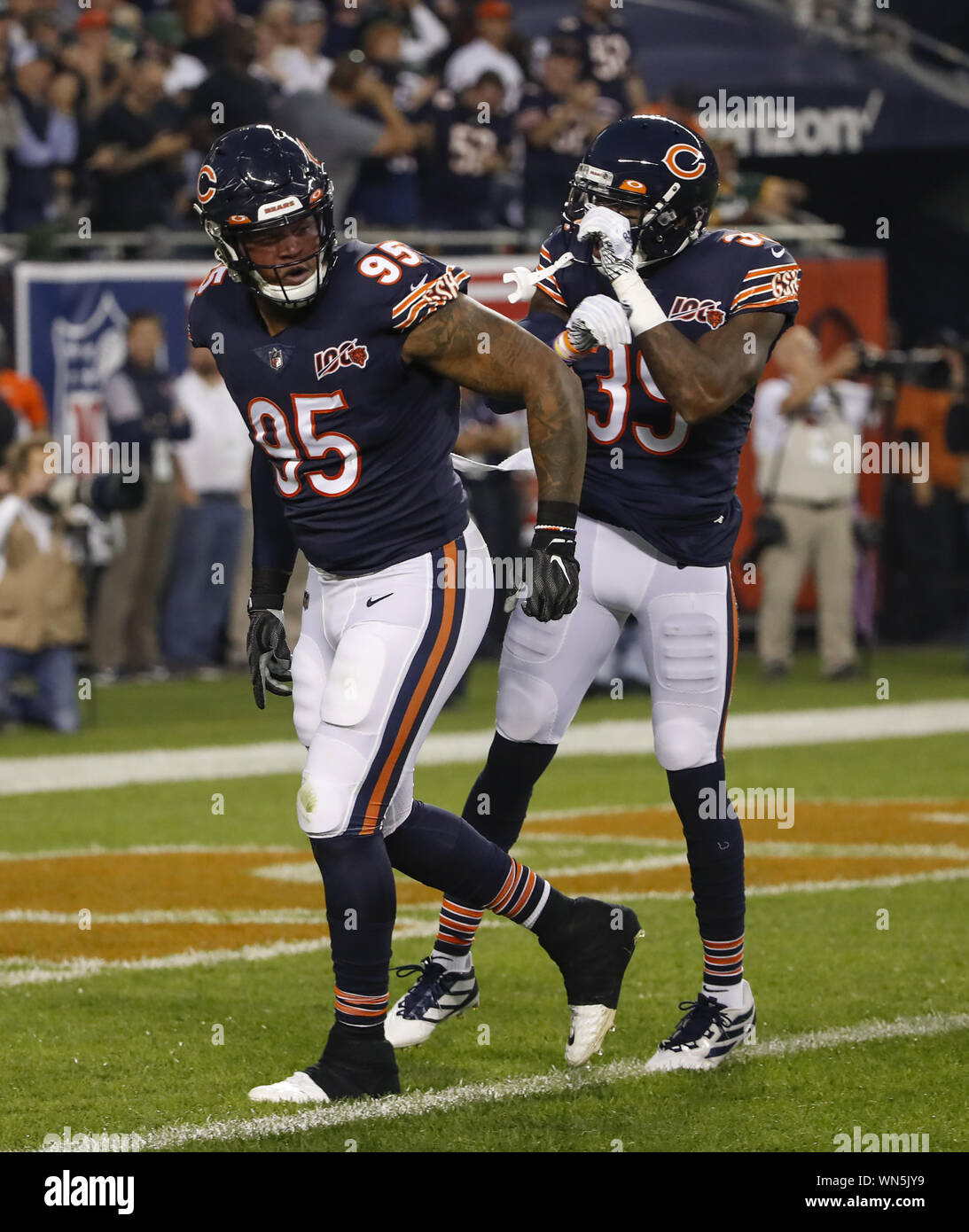 Chicago, Illinois, USA. 05th Sep, 2019. - Bears #95 Roy Robertson-Harris  takes a break during the NFL Game between the Green Bay Packers and Chicago  Bears at Soldier Field in Chicago, IL.