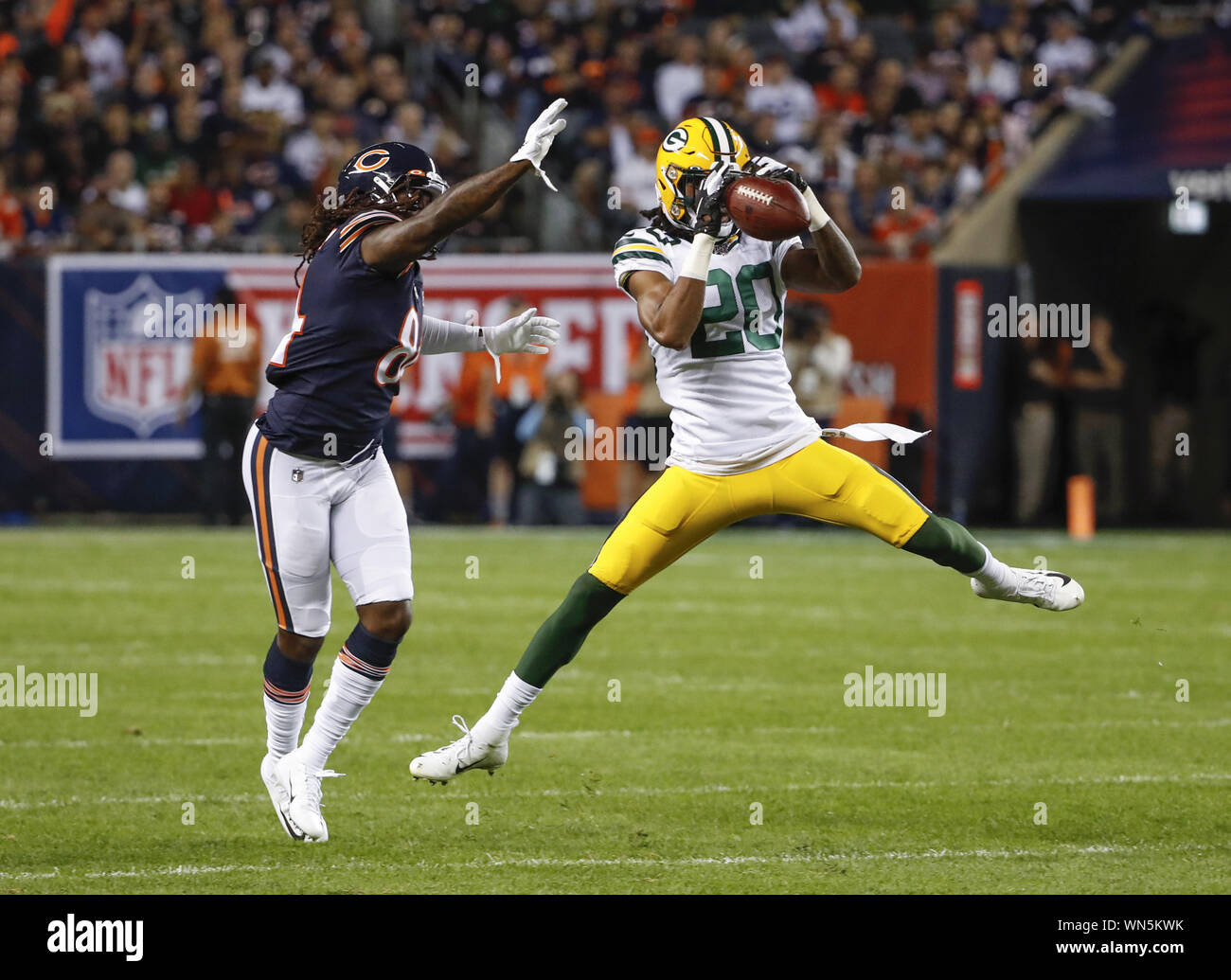 Chicago, United States. 05th Sep, 2019. Green Bay Packers cornerback Kevin King (20) is tackled by Chicago Bears wide receiver Cordarrelle Patterson (84) during the first half of an NFL game at Soldier Field in Chicago on Thursday, September 5, 2019. Photo by Kamil Krzaczynski/UPI Credit: UPI/Alamy Live News Stock Photo