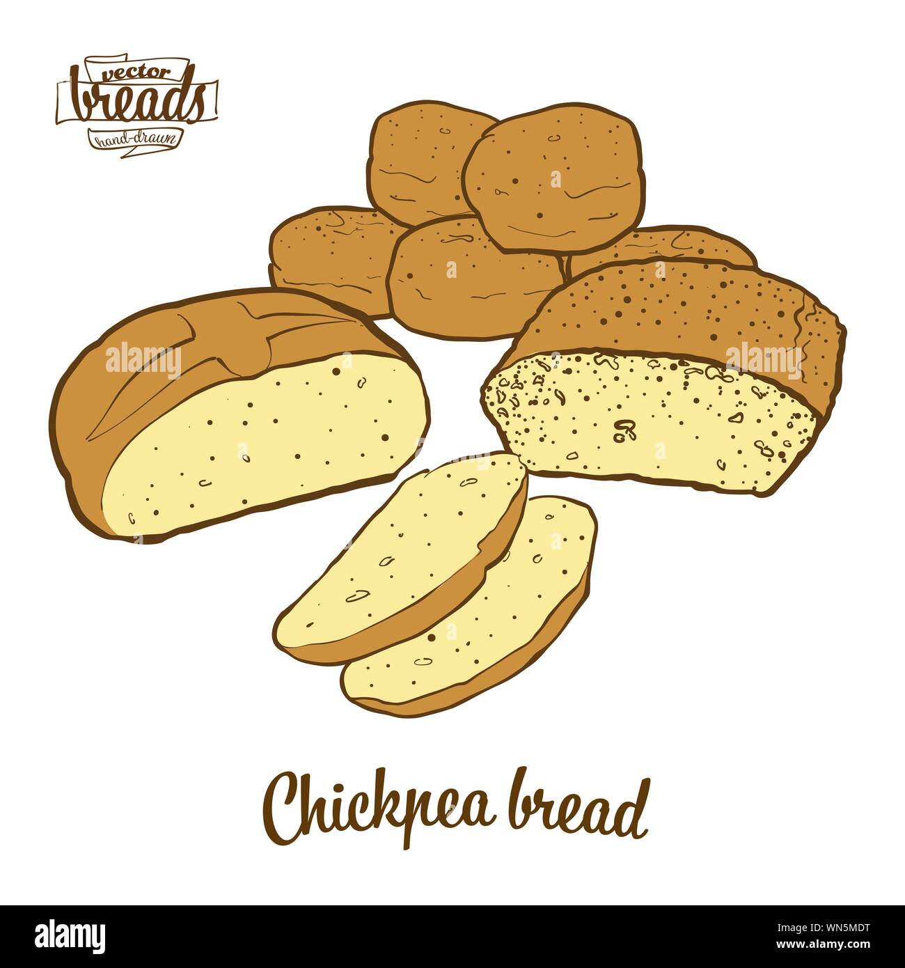 Colored drawing of Chickpea bread bread. Vector illustration of Leavened food, usually known in Albania and Turkey. Colored Bread sketches. Stock Vector