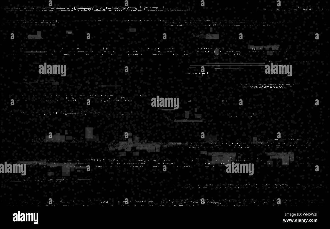 Glitch television on black backdrop. White and black distortions. Video problem retro VHS lines. No signal template. Random pixel noise. Vector illust Stock Vector