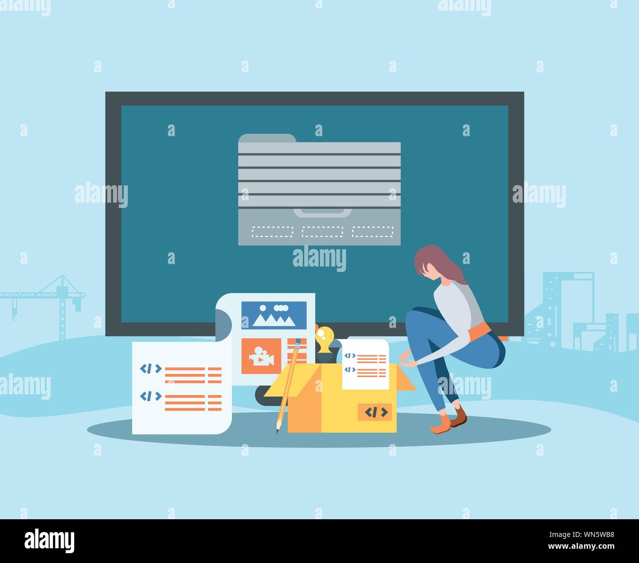 builders and desktop with webpage under cosntruction vector ...