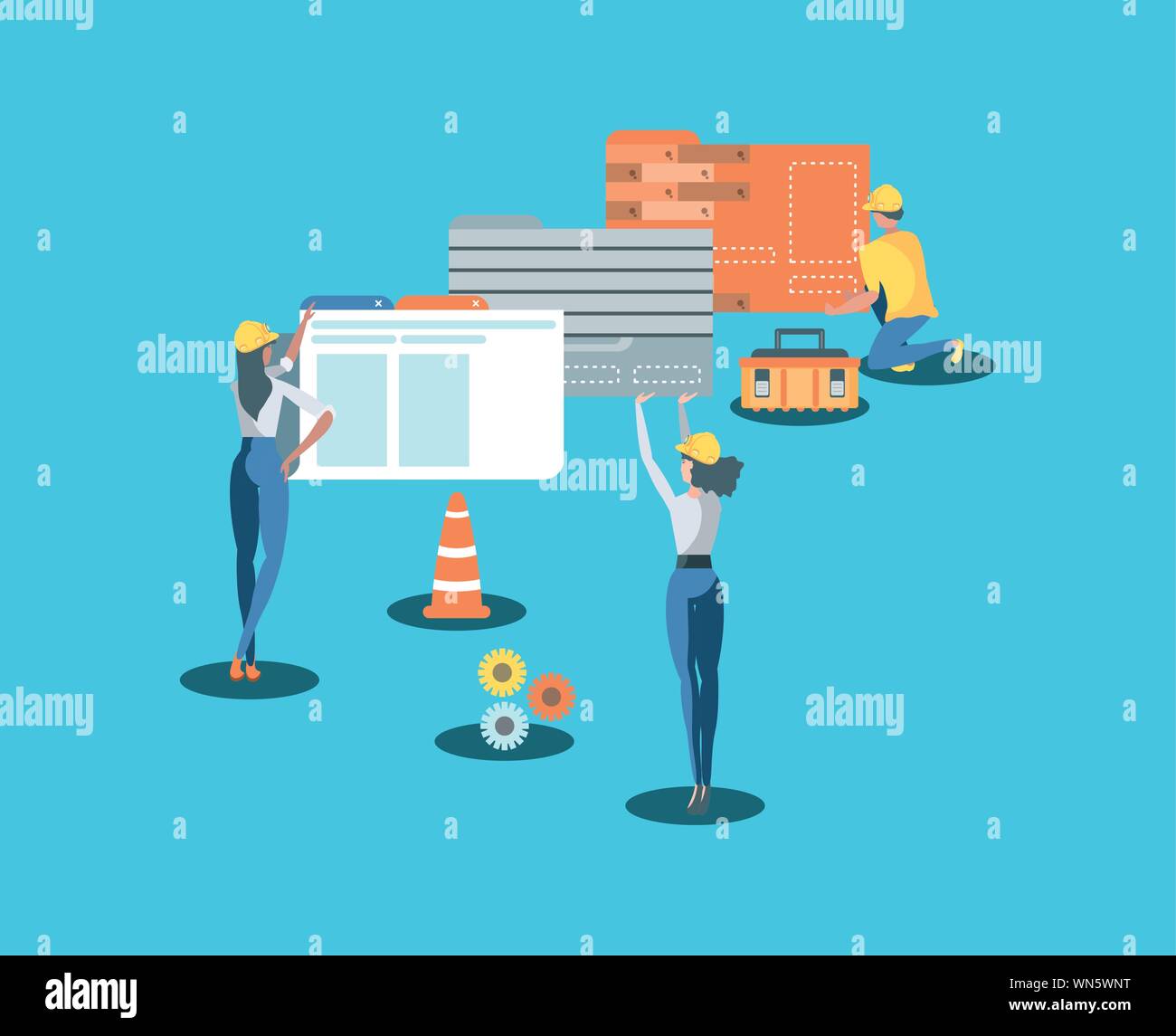 buiders and data folder with webpage under cosntruction vector illustration design Stock Vector