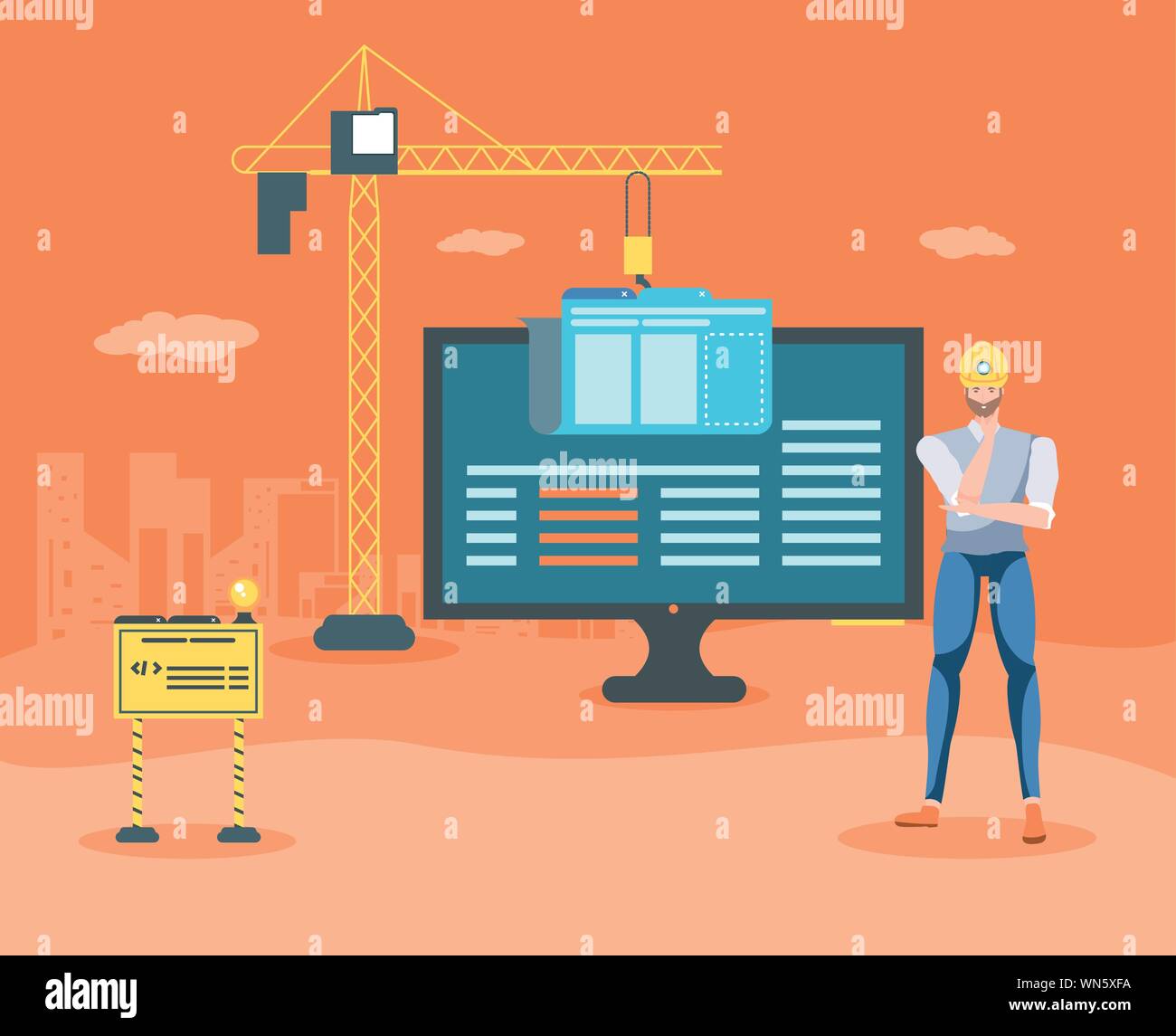 builders and desktop with webpage under cosntruction vector illustration design Stock Vector