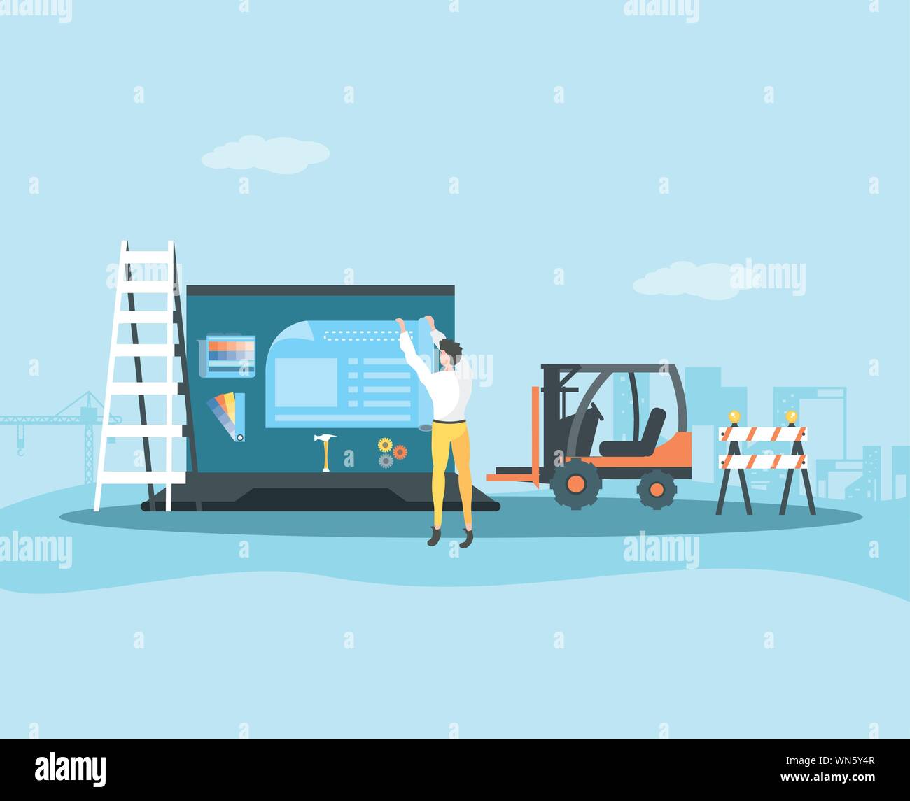 builder and laptop with webpage under cosntruction vector illustration design Stock Vector
