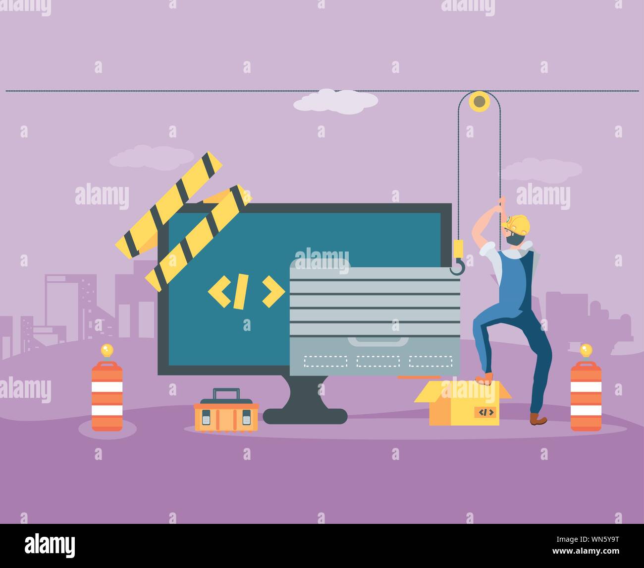 builders and desktop with webpage under cosntruction vector illustration design Stock Vector