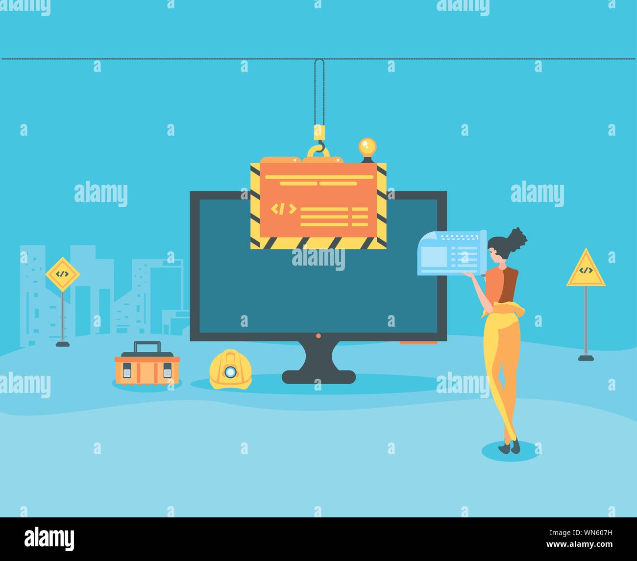 builders and desktop with webpage under cosntruction vector illustration design Stock Vector