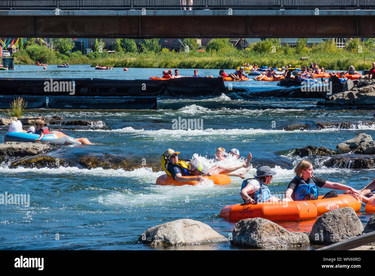 Tubing in the Deschutes River in Bend, Oregon. Stock Photo