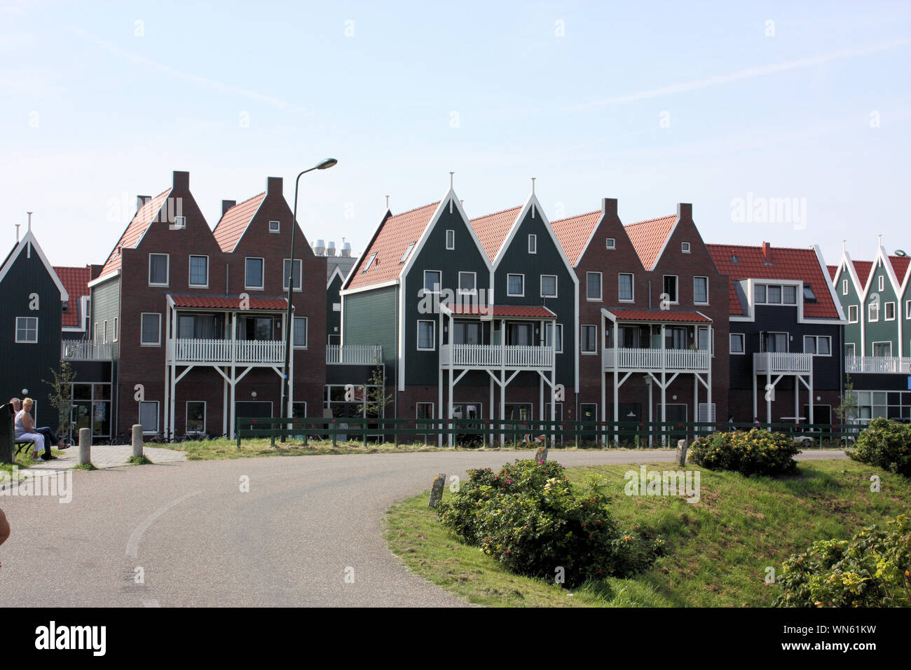 Beautiful view of typical wooden houses in Volendam fisherman village. The houses were built completely of wood Stock Photo
