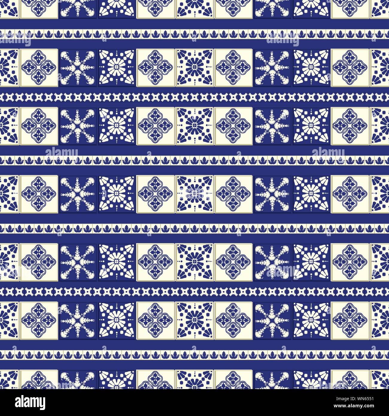 Vector tile pattern, Lisbon floral mosaic, Mediterranean seamless navy ...