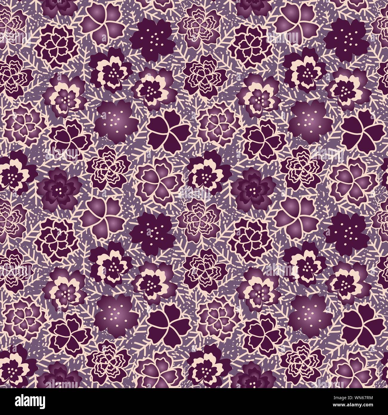 seamless vector graphic pattern with purple flowers and leaves Stock ...
