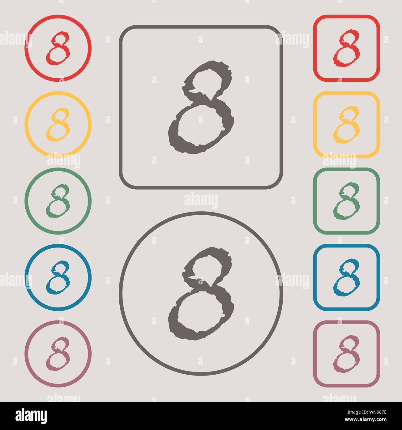 number Eight icon sign. Symbols on the Round and square buttons with frame. Vector Stock Vector
