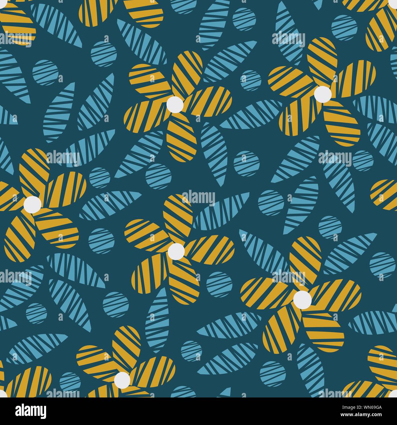 seamless vector pattern with simple textured yellow flowers on a teal ...