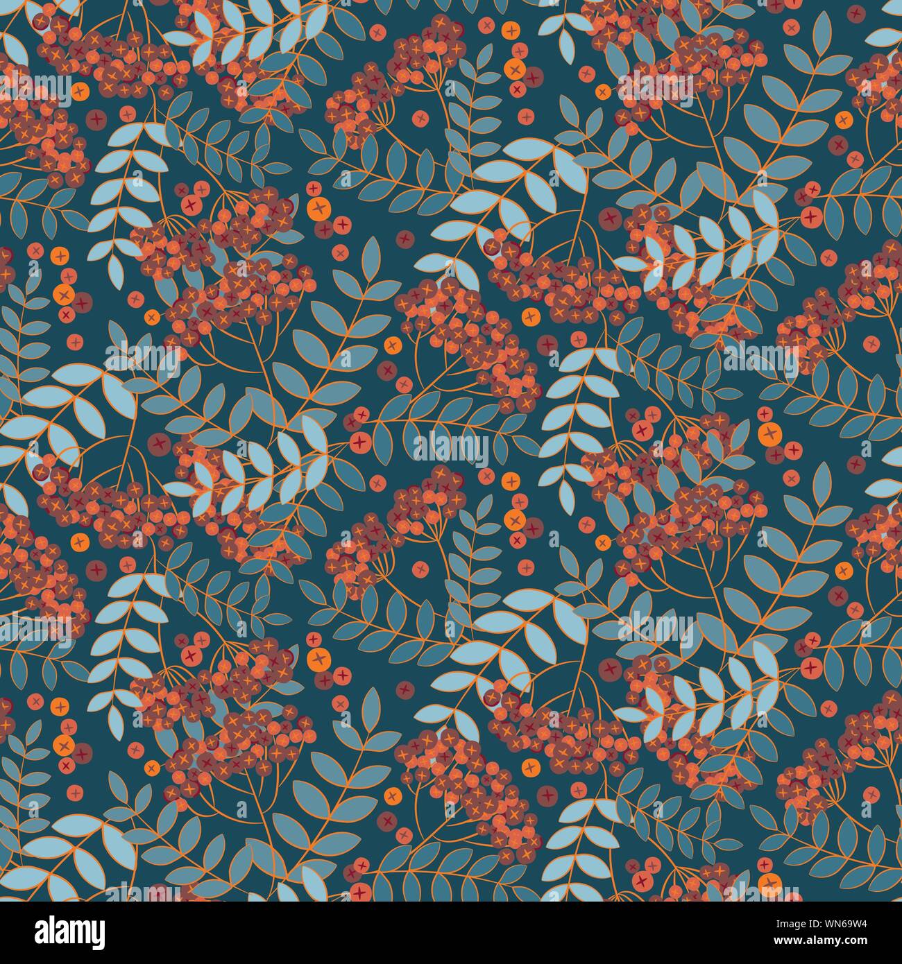 seamless vector patter with rowan fruits and leaves on a teal ...
