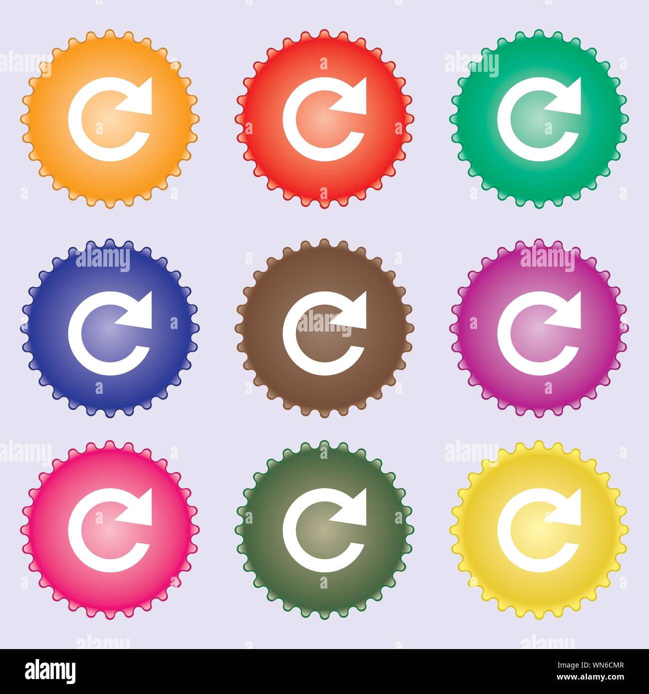 update sign icon. Full rotation arrow symbol. A set of nine different colored labels. Vector Stock Vector
