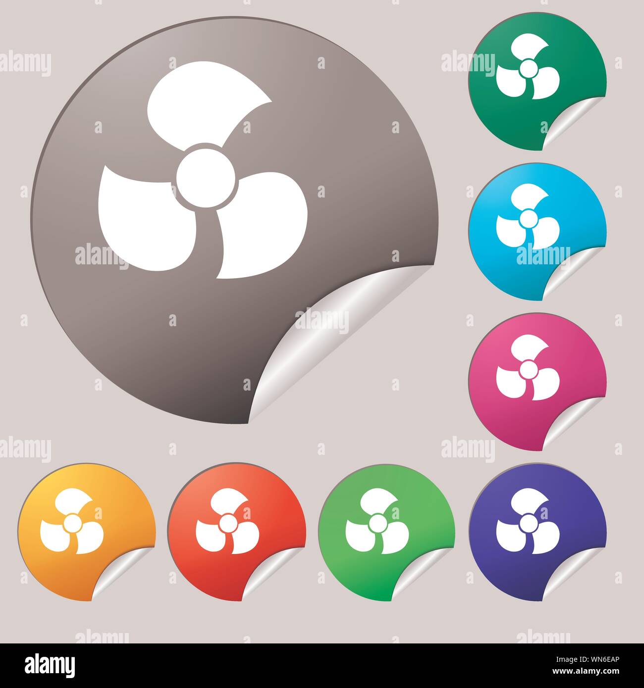 Fans, propeller icon sign. Set of eight multi colored round buttons, stickers. Vector Stock Vector