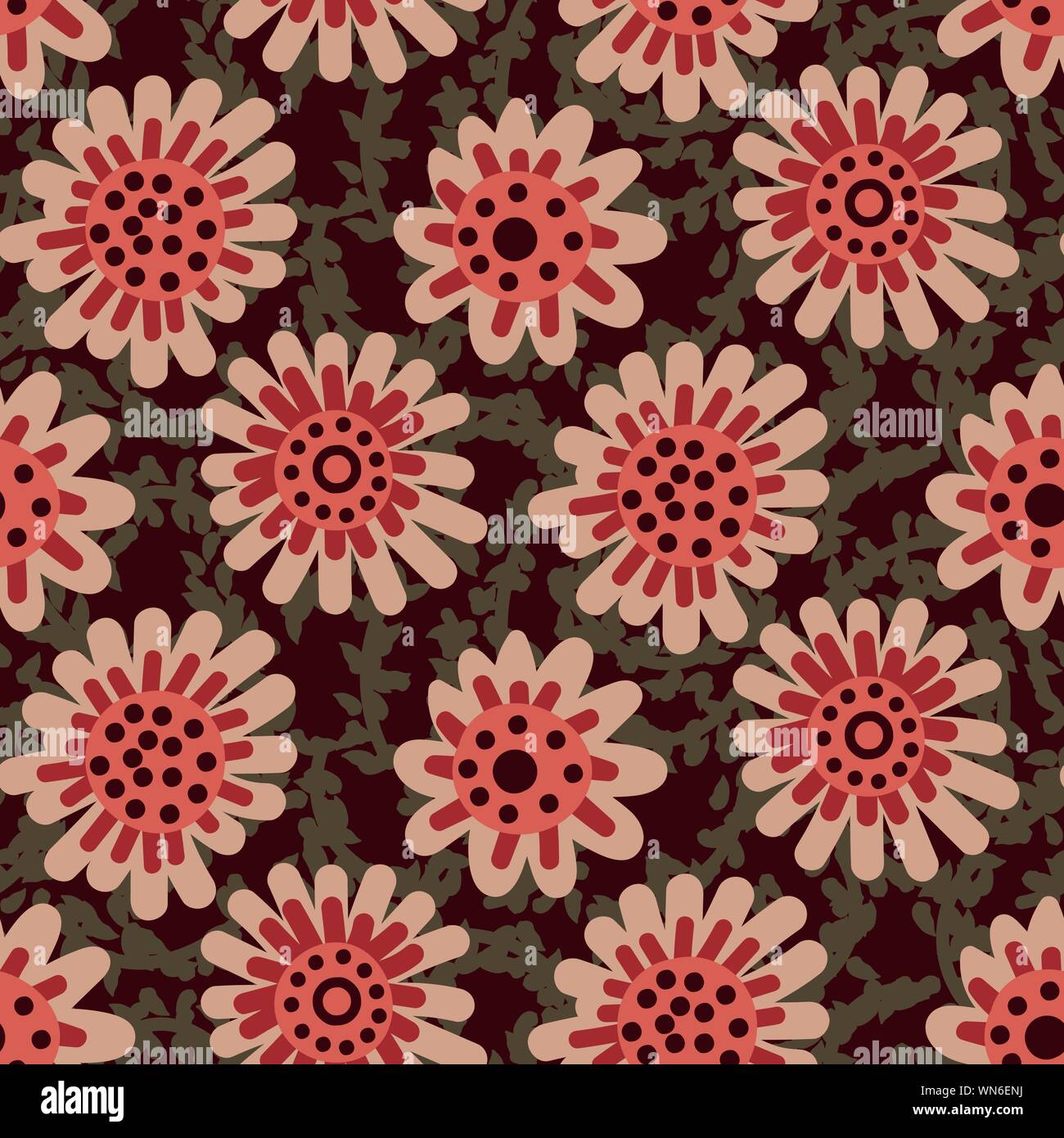 seamless vector pattern with simple round flowers in red and brown Stock Vector