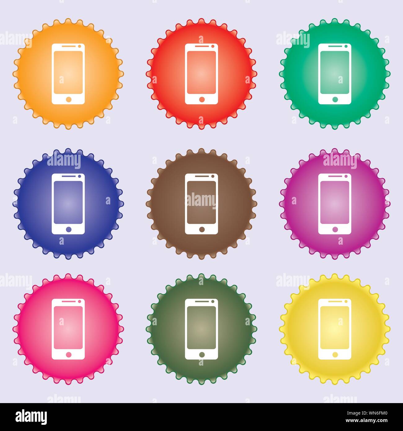 Smartphone sign icon. Support symbol. Call center. A set of nine different colored labels. Vector Stock Vector