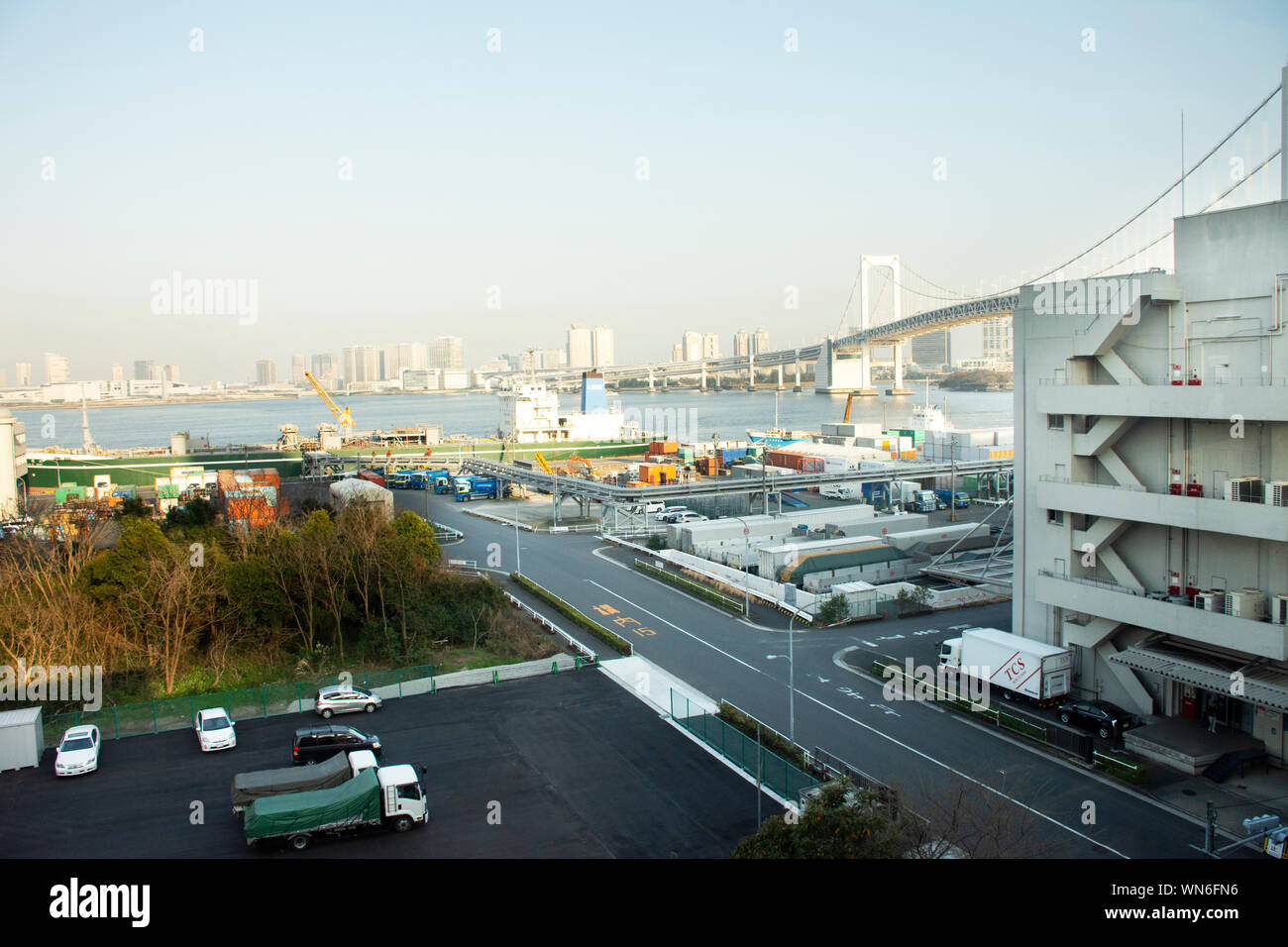 View landscape and cityscape Odaiba downtown and rainbow bridge from ...