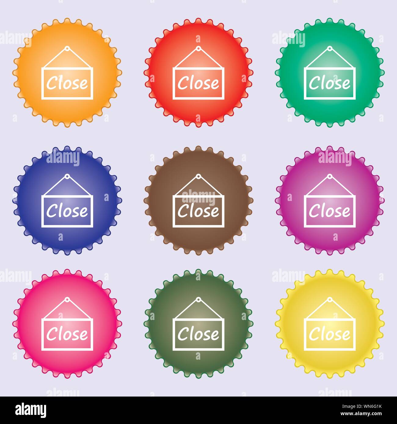 close icon sign. A set of nine different colored labels. Vector Stock Vector