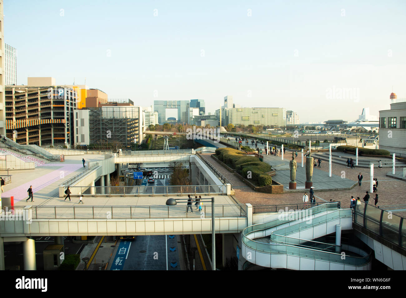 View landscape and cityscape Odaiba downtown from MRT train Rinkai Line ...