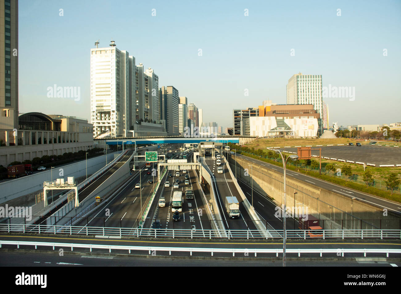 View landscape and cityscape Odaiba downtown from MRT train Rinkai Line ...