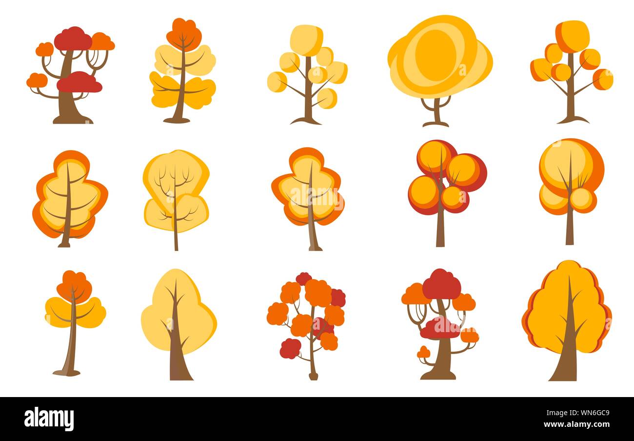 Big set of cartoon trees. Yellow, orange plants with for vegetation spring and autumn backyard Stock Vector