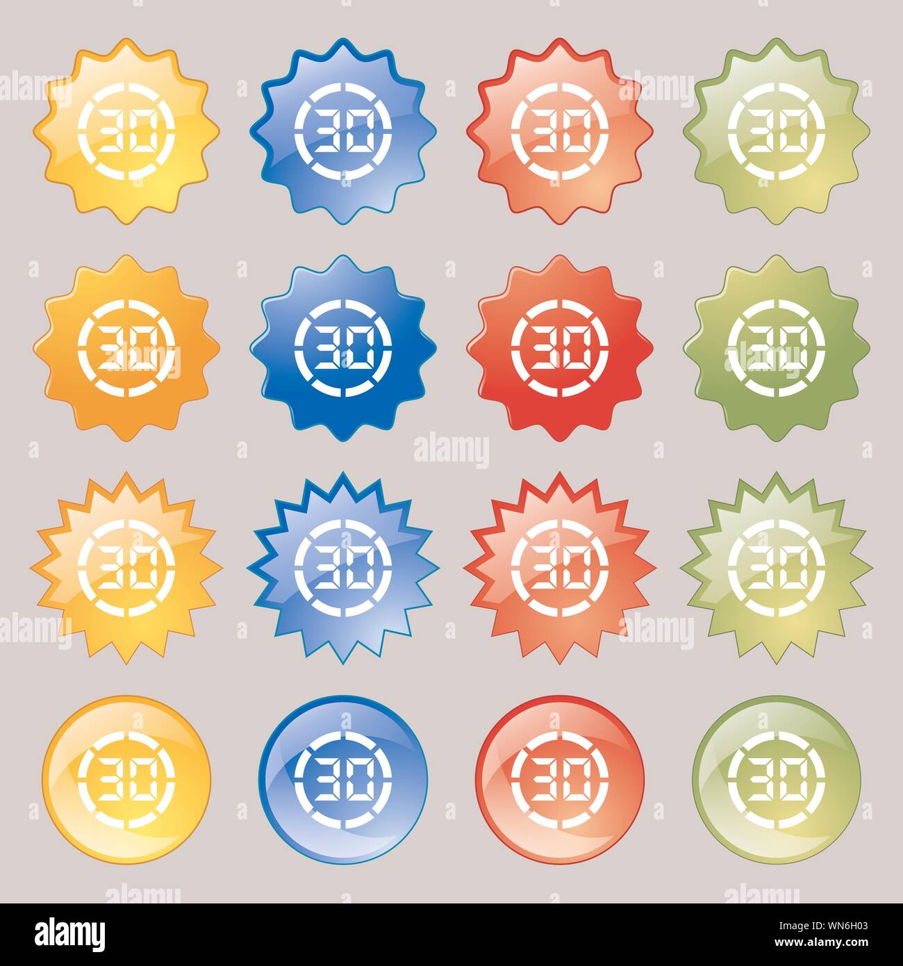 30 second stopwatch icon sign. Big set of 16 colorful modern buttons for your design. Vector Stock Vector