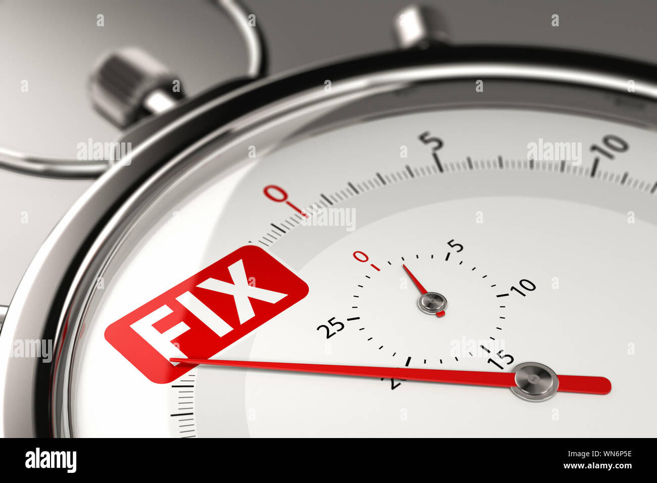 3D illustration of a conceptual stopwatch with the needle pointing the word fix Stock Photo