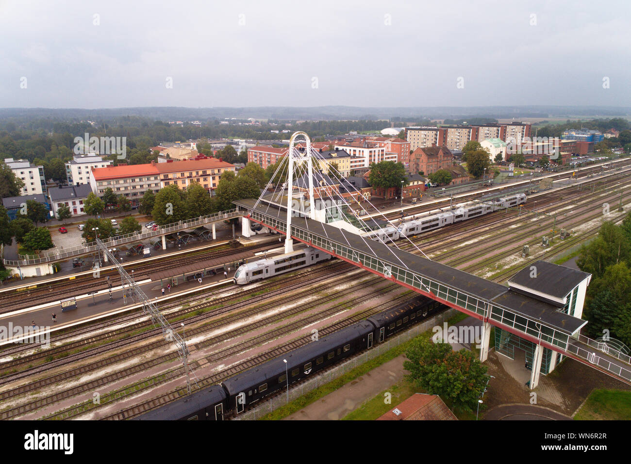 Hallsberg, Sweden - August 29, 2019: Aerial view of the Hallsberg railroad station and city center. Stock Photo