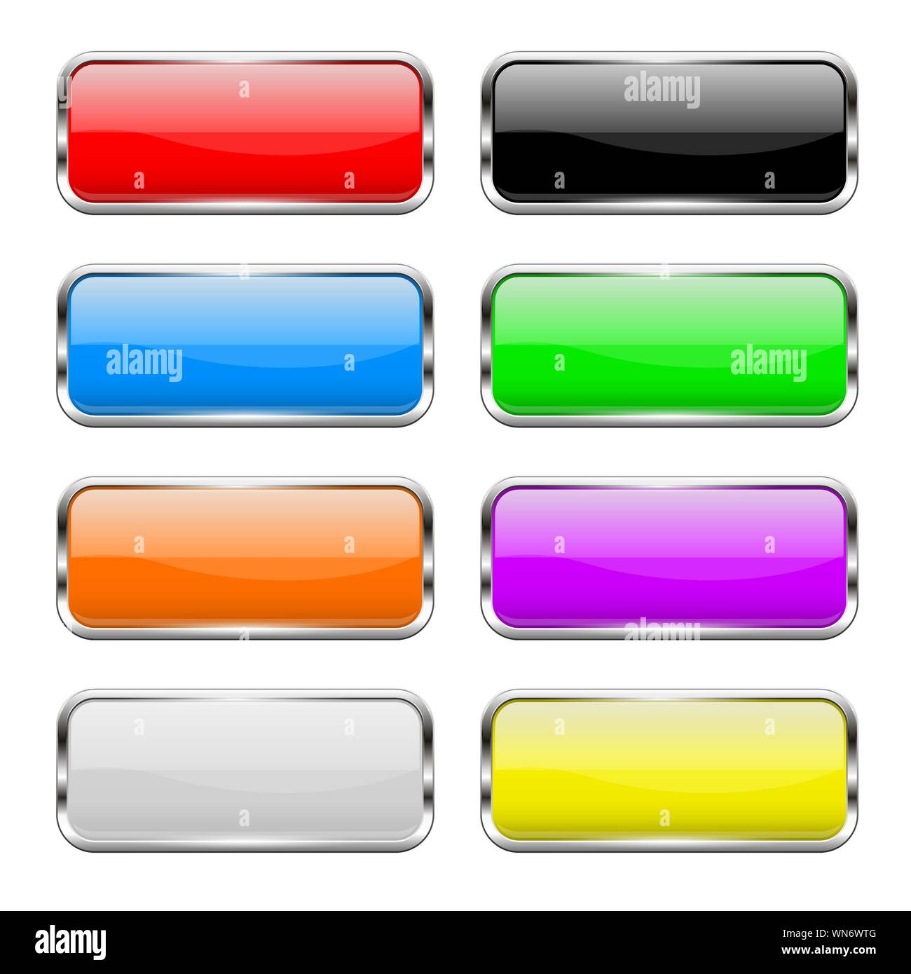 Colored buttons set. Shiny 3d glass rectangle icons. Vector illustration isolated on white background Stock Vector