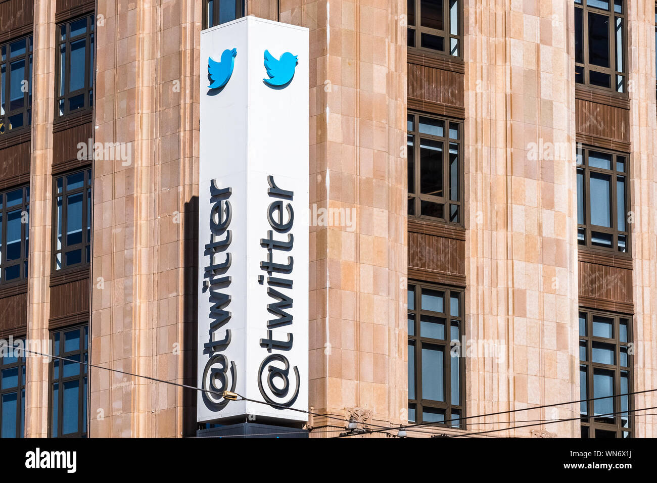 August 21, 2019 San Francisco / CA / USA - Close up of Twitter logo at ...