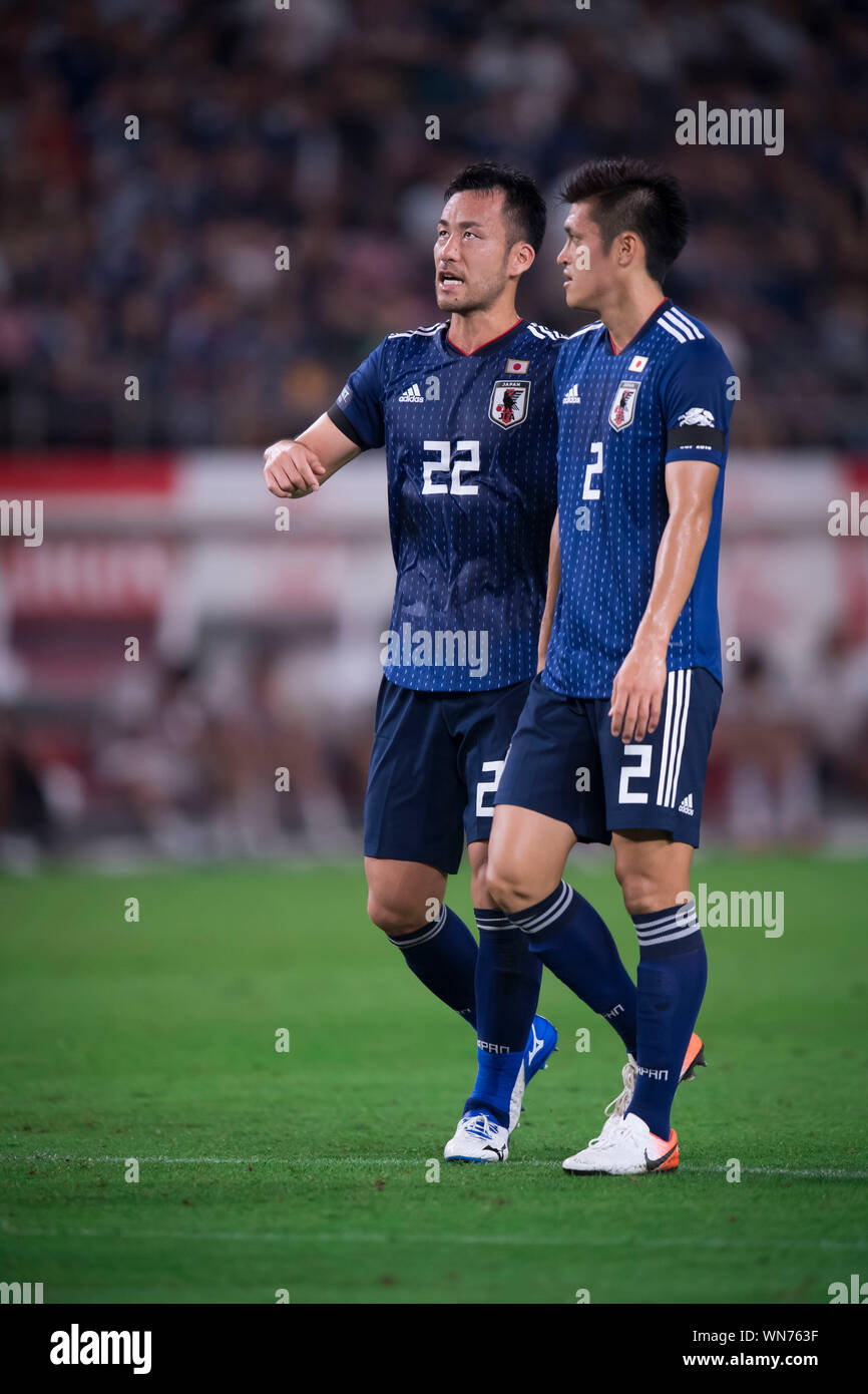 Japan's Maya Yoshida, left, and Naomichi Ueda during the KIRIN Challenge Cup 2019 match between Japan 2-0 Paraguay at Kashima Soccer Stadium in Ibaraki, Japan on September 5, 2019. Credit: AFLO/Alamy Live News Stock Photo