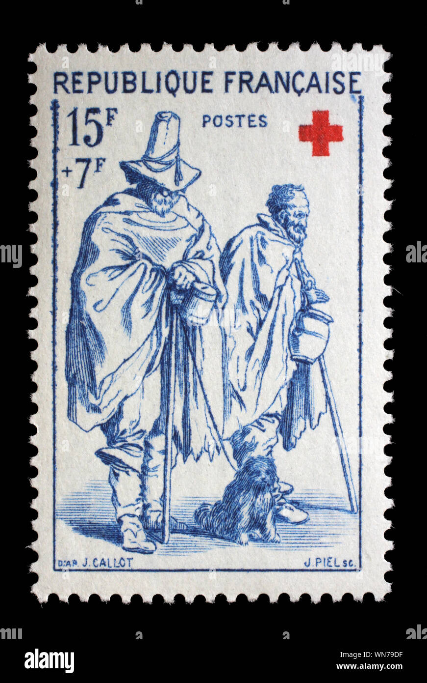 Stamp printed in France shows Blind and beggar by Jacques Callot, Red Cross series, circa 1957. Stock Photo
