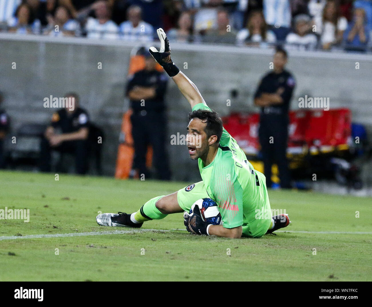Los Angeles, California, USA. 5th Sep, 2019. Chile goalkeeper Claudio Bravo (1) makes a save during an International Friendly Soccer match between Argentina and Chile at the Los Angeles Memorial Coliseum in Los Angeles on Thursday, September 5, 2019. Credit: Ringo Chiu/ZUMA Wire/Alamy Live News Stock Photo