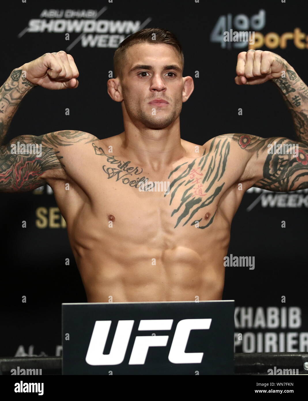 Abu Dhabi United Arab Emirates September 6 2019 Interim Ufc Lightweight Champion Dustin Poirier During A Weigh In Ceremony Ahead Of His Bout Against Russian Rival Khabib Nurmagomedov At The Ufc 242